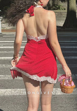 Cute A Line Halter Neck Red Polka Dots Short Homecoming Dress with Lace