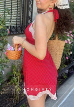 Cute A Line Halter Neck Red Polka Dots Short Homecoming Dress with Lace