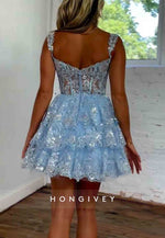 Sparkly Off The Shoulder A-Line Tiered Short Homecoming Dress With Appliques