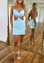 Bowknot V-Neck Open Back Spaghetti Straps Column Min Homecoming Dresses