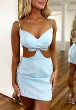 Bowknot V-Neck Open Back Spaghetti Straps Column Min Homecoming Dresses