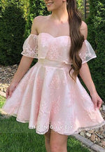 Cute Pink A-line Off Shoulder Mini Short Prom Homecoming Dresses