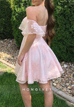 Cute Pink A-line Off Shoulder Mini Short Prom Homecoming Dresses