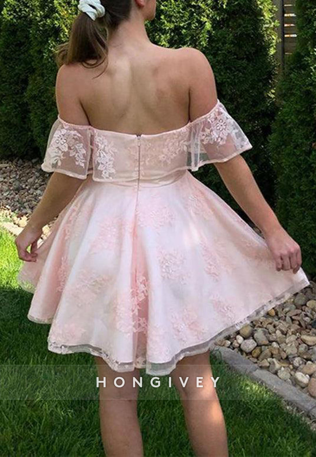 Cute Pink A-line Off Shoulder Mini Short Prom Homecoming Dresses