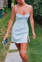Cute Sheath Spaghetti Straps Light Blue Satin Short Homecoming Dress with Slit