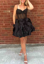 Spaghetti Straps Sleeveless Pink Flowers A-Line Satin Short Homecoming Dresses