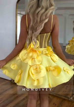 Spaghetti Straps Sleeveless Pink Flowers A-Line Satin Short Homecoming Dresses