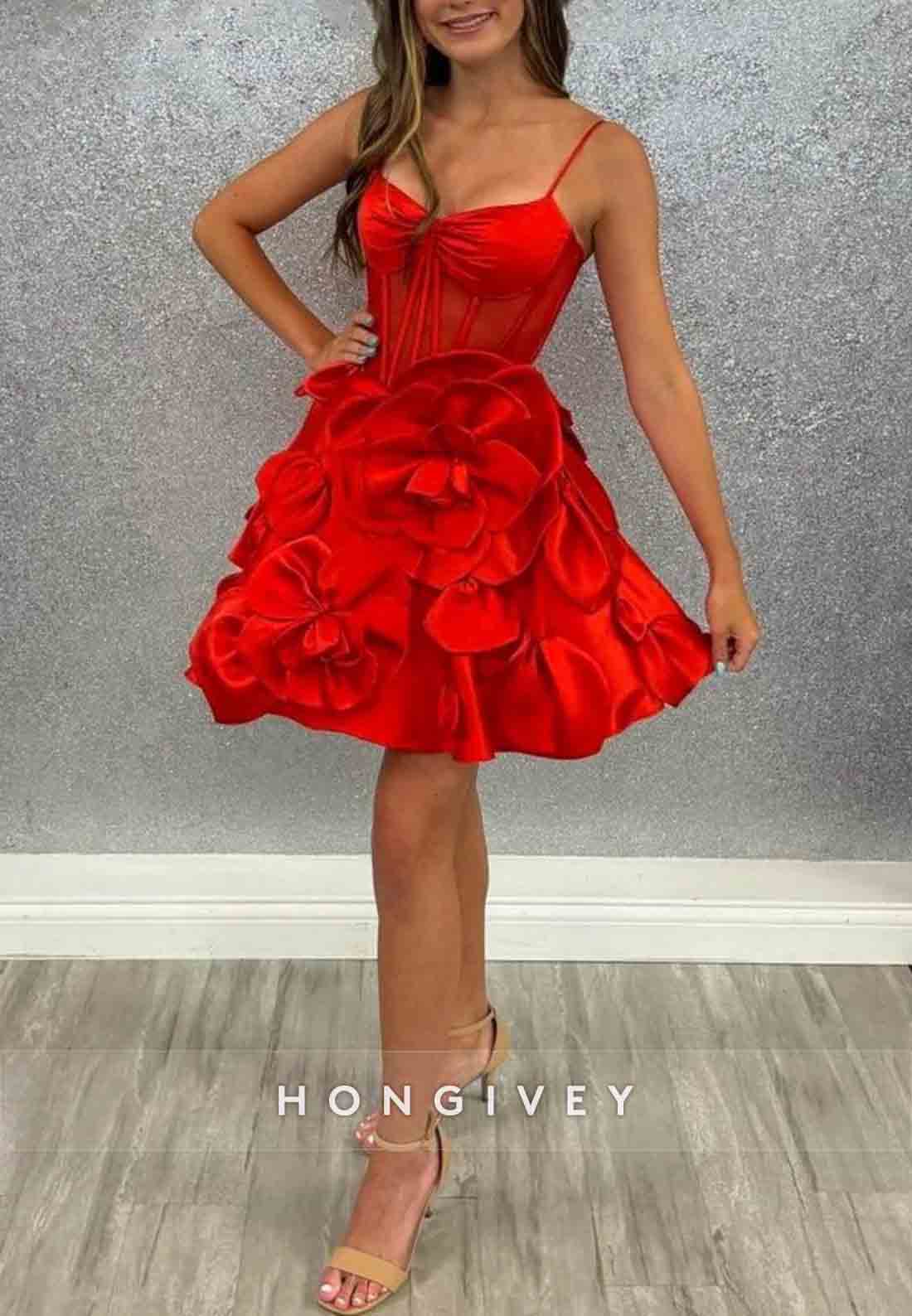Spaghetti Straps Sleeveless Pink Flowers A-Line Satin Short Homecoming Dresses