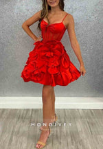 Spaghetti Straps Sleeveless Pink Flowers A-Line Satin Short Homecoming Dresses