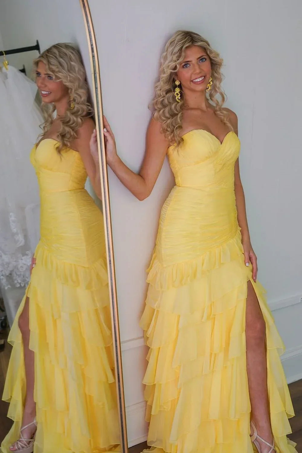 Sweety Mermaid Sweetheart Yellow Long Tulle Prom Dress with Ruffles