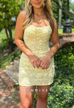 Yellow Spaghetti Straps Sheath Crisscross Back Homecoming Dress With Appliques