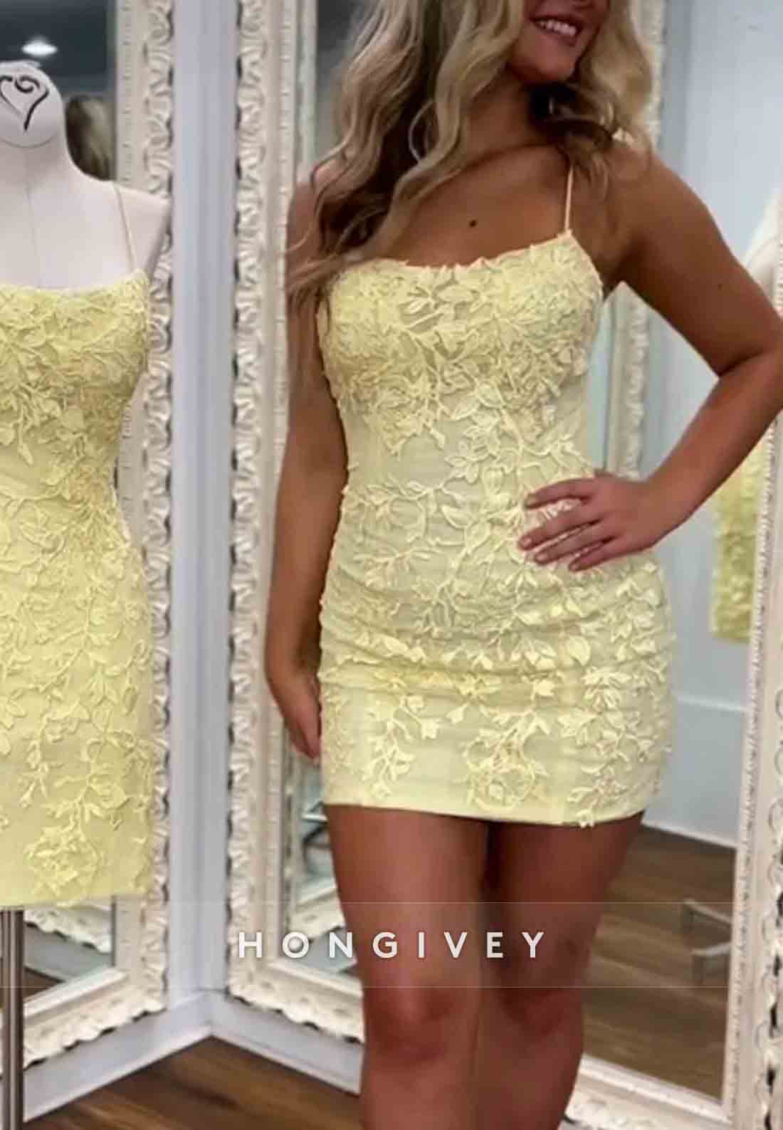 Yellow Spaghetti Straps Sheath Crisscross Back Homecoming Dress With Appliques