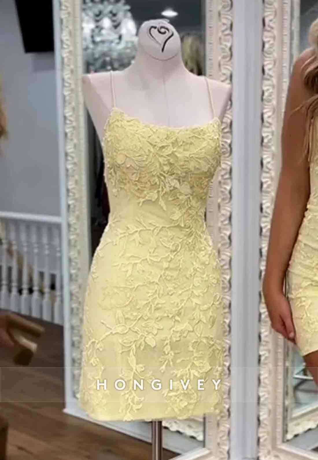 Yellow Spaghetti Straps Sheath Crisscross Back Homecoming Dress With Appliques