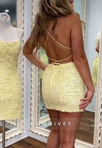 Yellow Spaghetti Straps Sheath Crisscross Back Homecoming Dress With Appliques