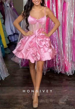 Spaghetti Straps Sleeveless Pink Flowers A-Line Satin Short Homecoming Dresses