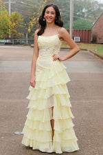 Cute Yellow Mermaid Spaghetti Straps Long Lace Prom Dress with Slit