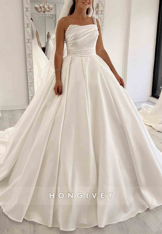 One Shoulder Sleeveless Satin Pearls Pleated Empire Court Train Wedding Dresses