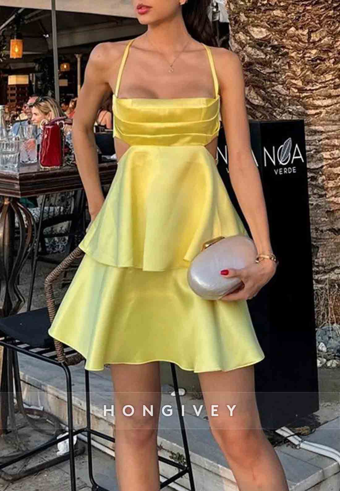 Mini A-Line Satin Pleated Crisscross Back Regular Straps Homecoming Dresses