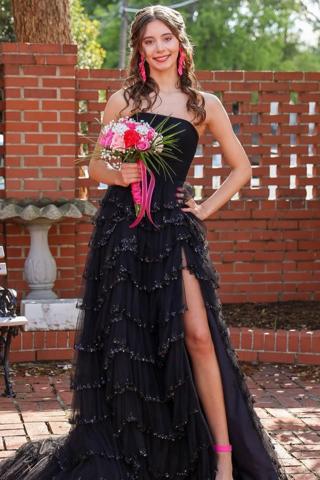 Strapless Light Blue Sequin Tiered A-line Long Dress