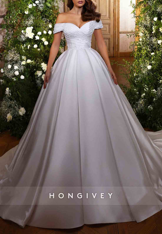 Chapel Train Satin Off the Shoulder Ruffles Pearls Empire Wedding Dresses