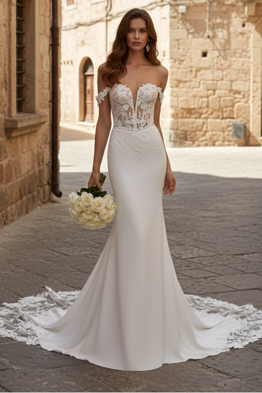 Off-Shoulder V Neck Elegant Mermaid Wedding Dress Button Back Sweep Train Bride Dresses