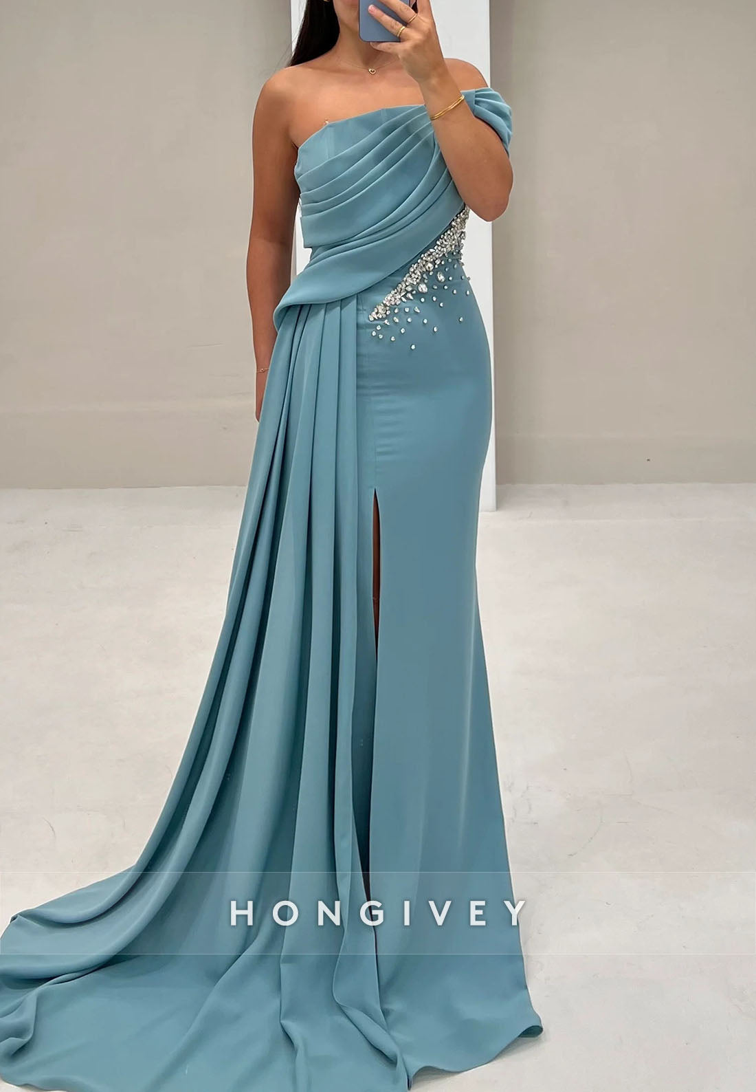 Blue Off the Shoulder Floor-Length Side Draping Evening Gowns with Slit