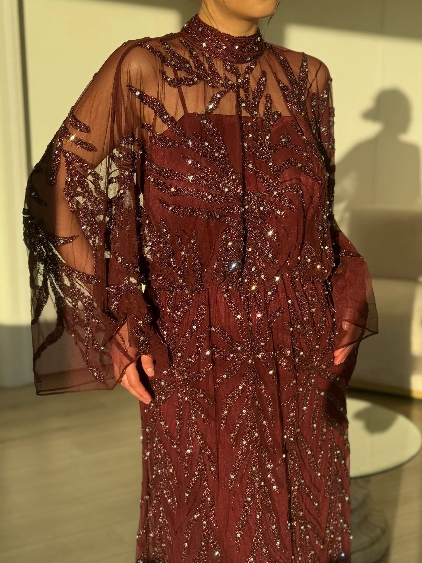 High Neck Sequins Lace Long Sleeve A-Line Floraml Women Evening Dress