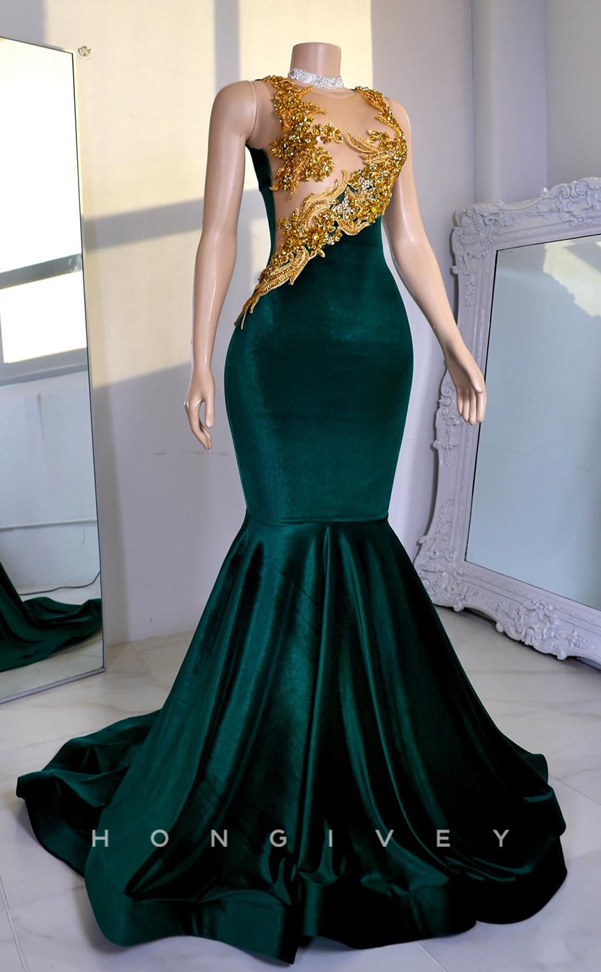 L2926 - Round Sleeveless Trumpet Appliques Beaded Party Prom Evening Dress For Black Women