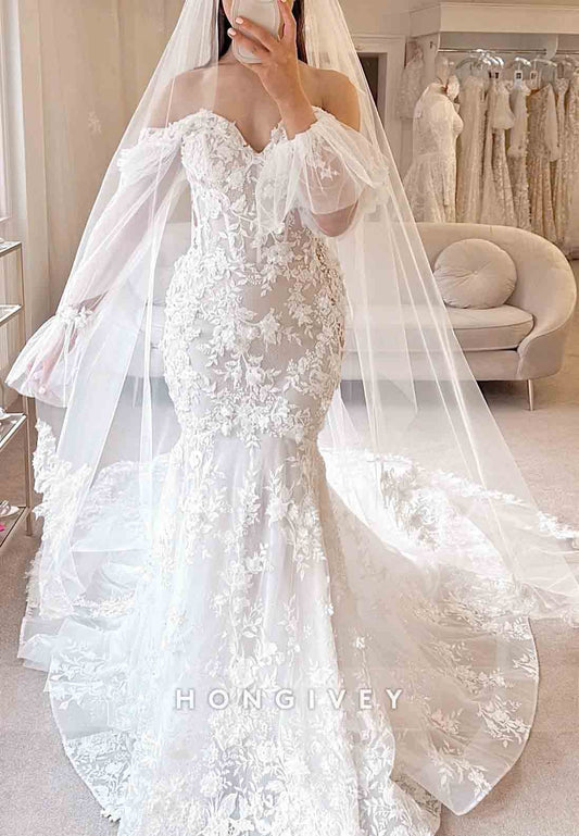 Off the Shoulder Lace Long Sleeves Court Train Trumpet Wedding Dresses