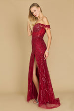 Fitted Off Shoulder Sequin Prom Evening Dress