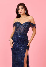 Fitted Off Shoulder Sequin Prom Evening Dress