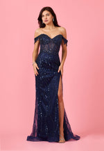 Fitted Off Shoulder Sequin Prom Evening Dress