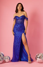 Fitted Off Shoulder Sequin Prom Evening Dress