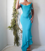 Teal Leaf Appliqué Cowl Neck Dress