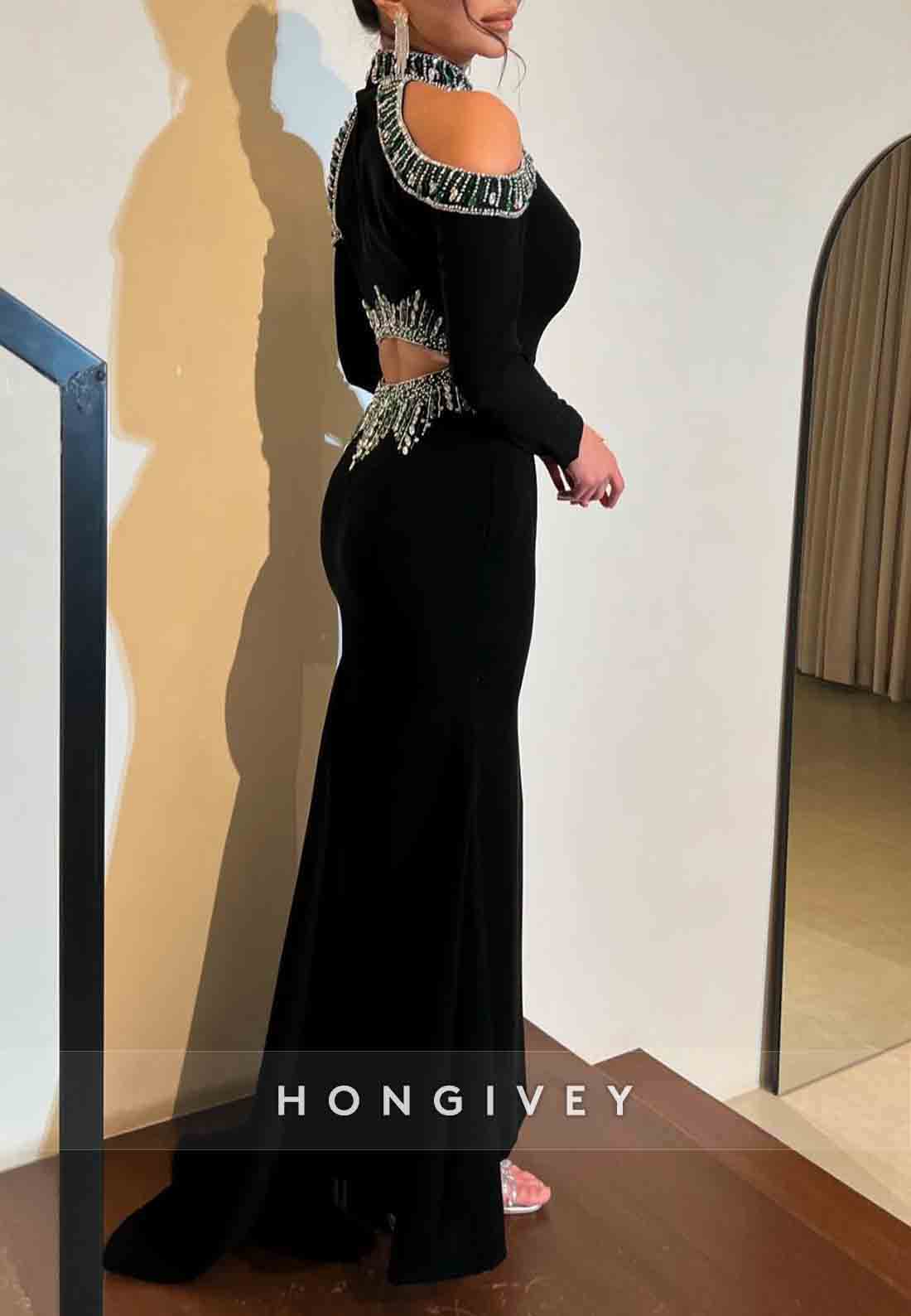Long Sleeves Halter Off-Shoulder Ankle-Length Trumpet Evening Gown with Beading