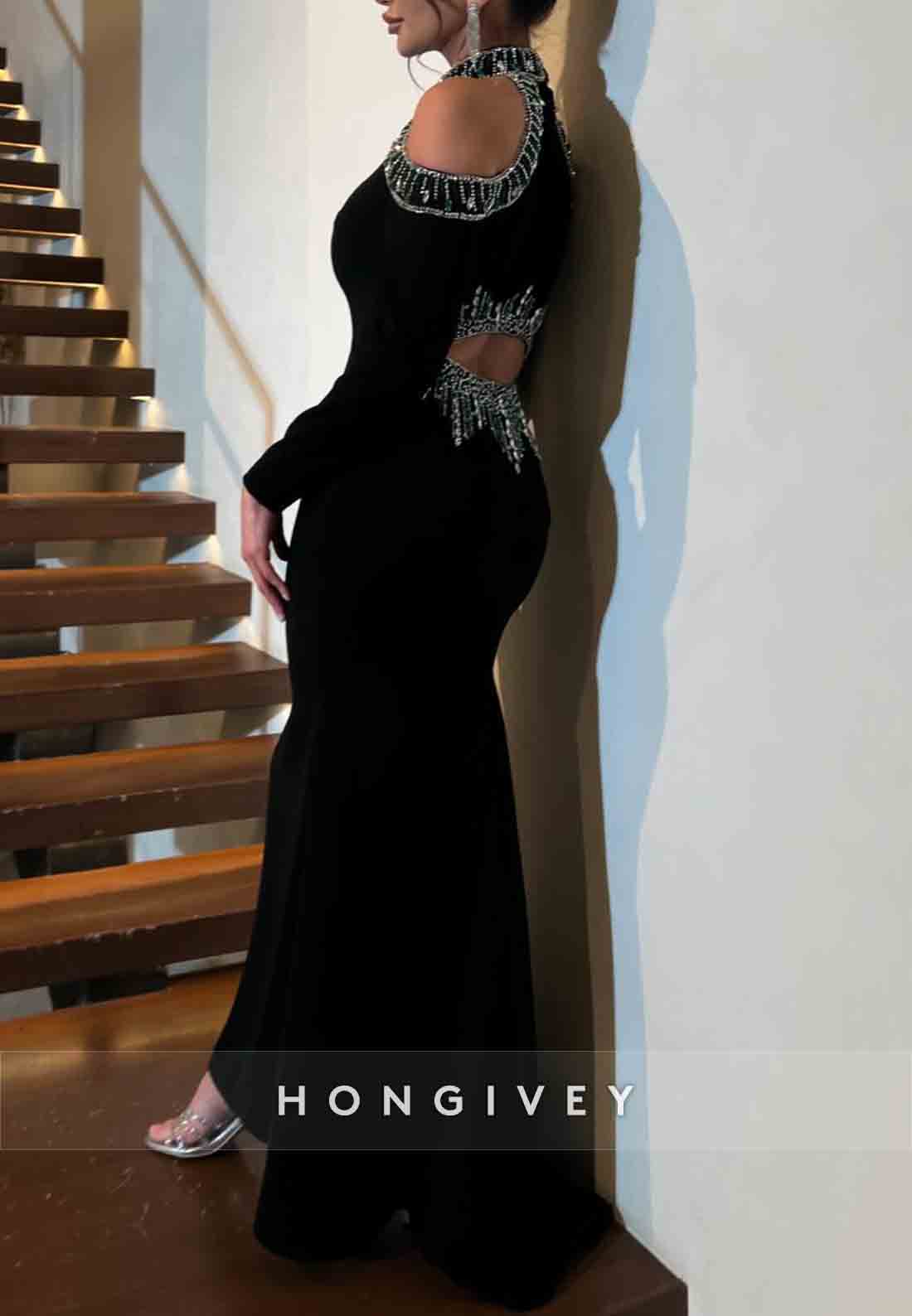 Long Sleeves Halter Off-Shoulder Ankle-Length Trumpet Evening Gown with Beading