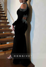 Long Sleeves Halter Off-Shoulder Ankle-Length Trumpet Evening Gown with Beading