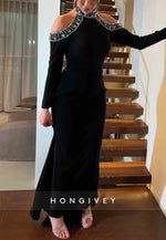 Long Sleeves Halter Off-Shoulder Ankle-Length Trumpet Evening Gown with Beading