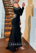 Long Sleeves Halter Off-Shoulder Ankle-Length Trumpet Evening Gown with Beading
