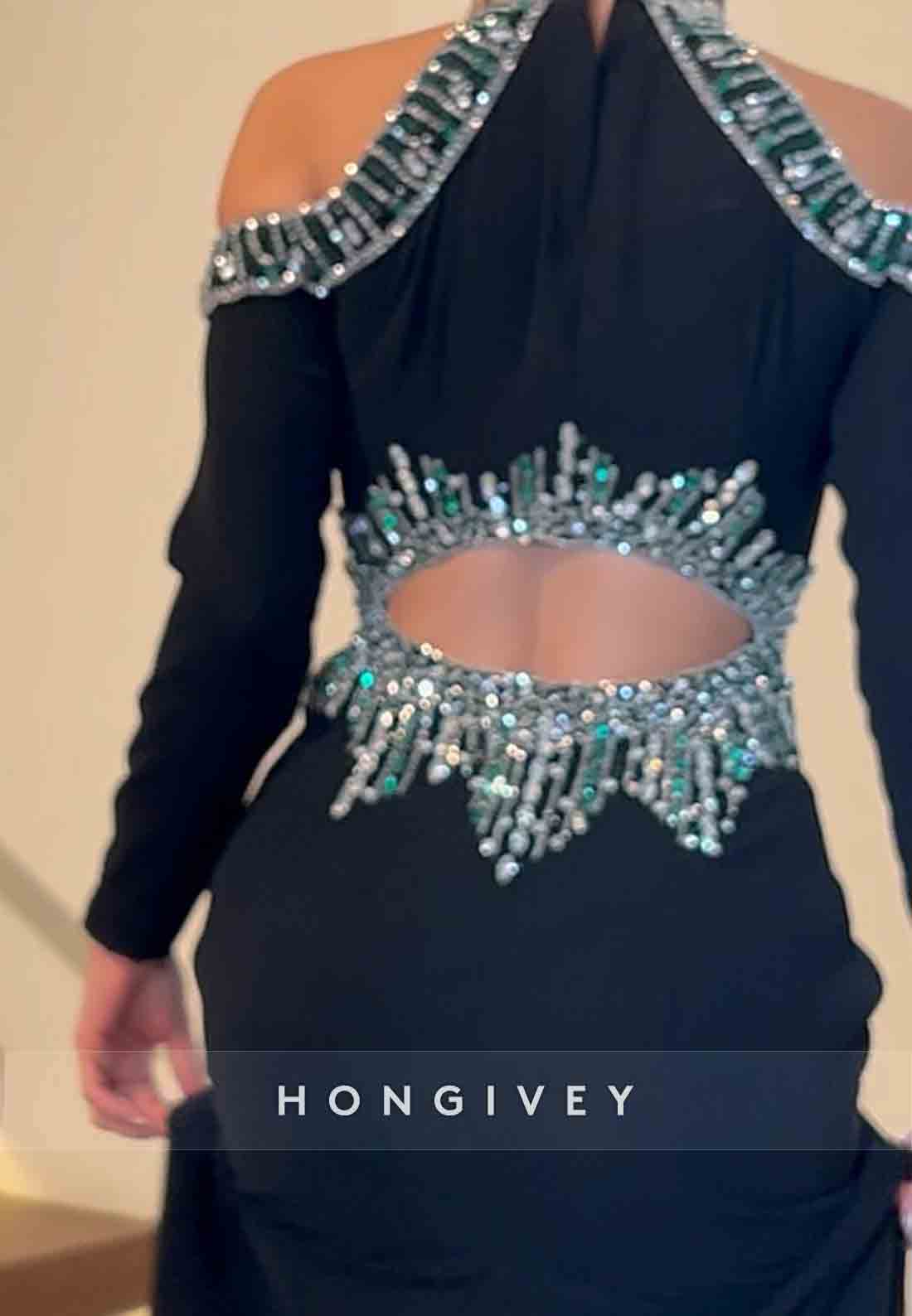 Long Sleeves Halter Off-Shoulder Ankle-Length Trumpet Evening Gown with Beading