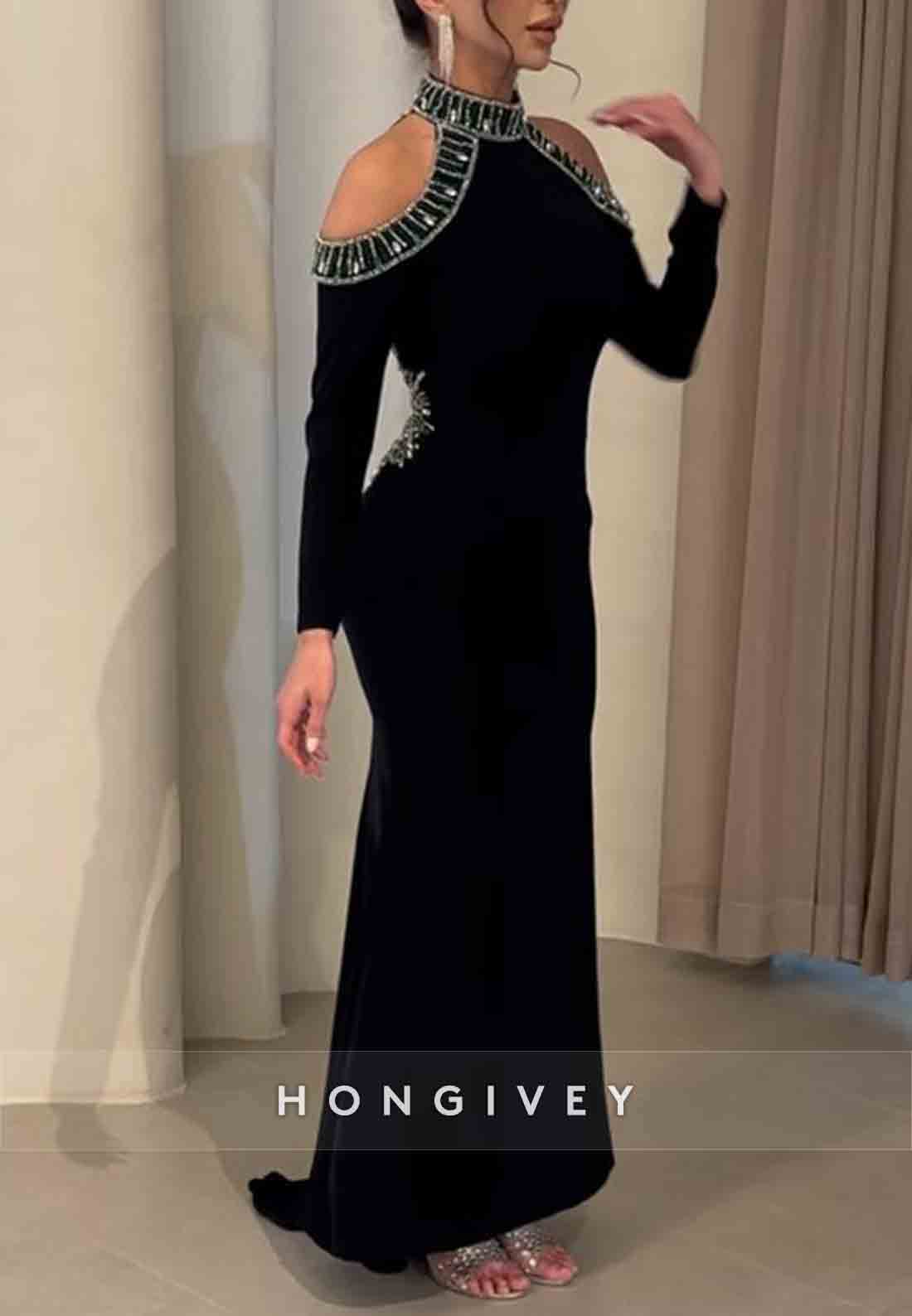 Long Sleeves Halter Off-Shoulder Ankle-Length Trumpet Evening Gown with Beading