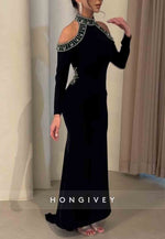 Long Sleeves Halter Off-Shoulder Ankle-Length Trumpet Evening Gown with Beading