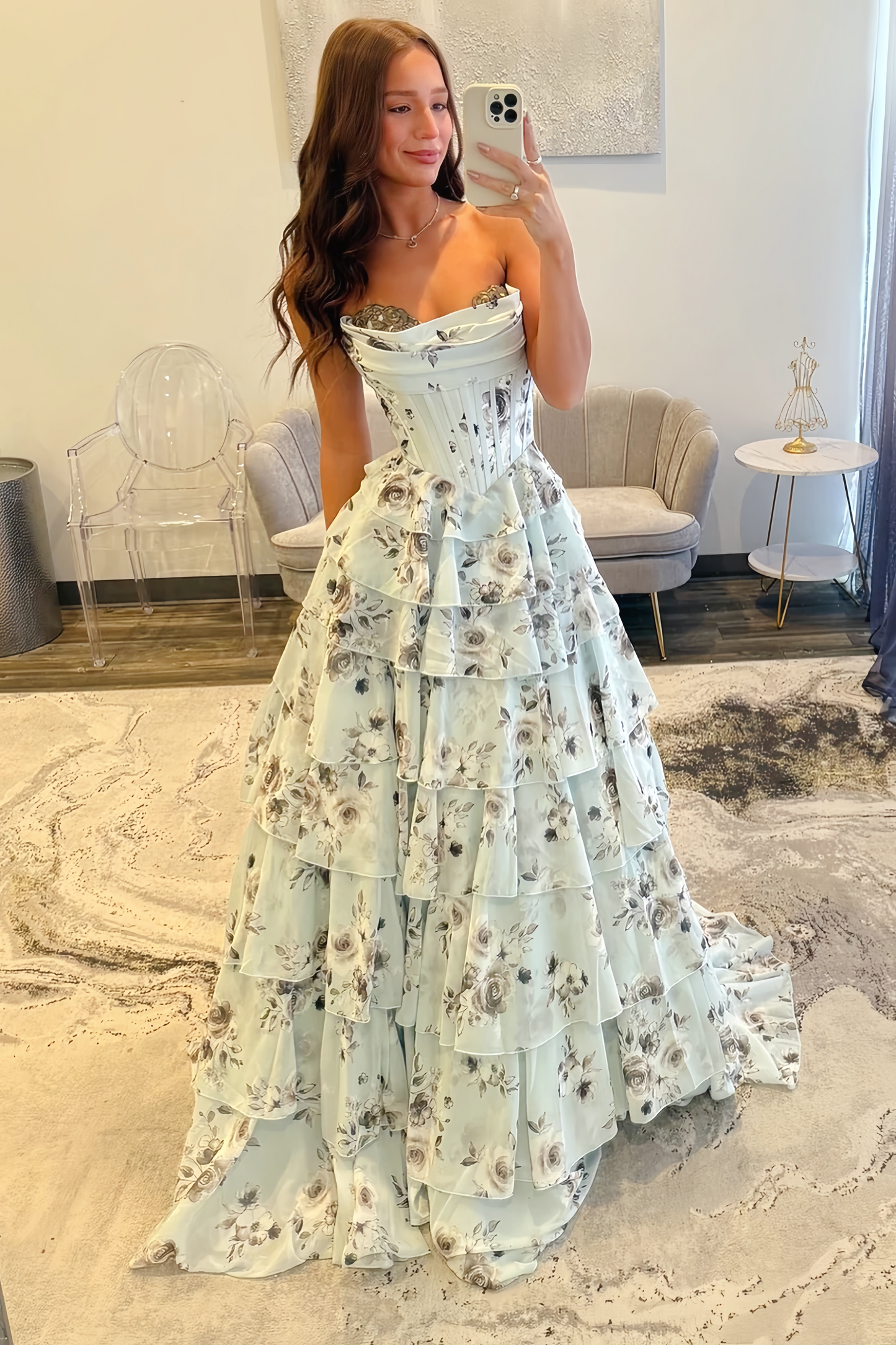 Floral Sweetheart Long Rhinestone A-line Dress