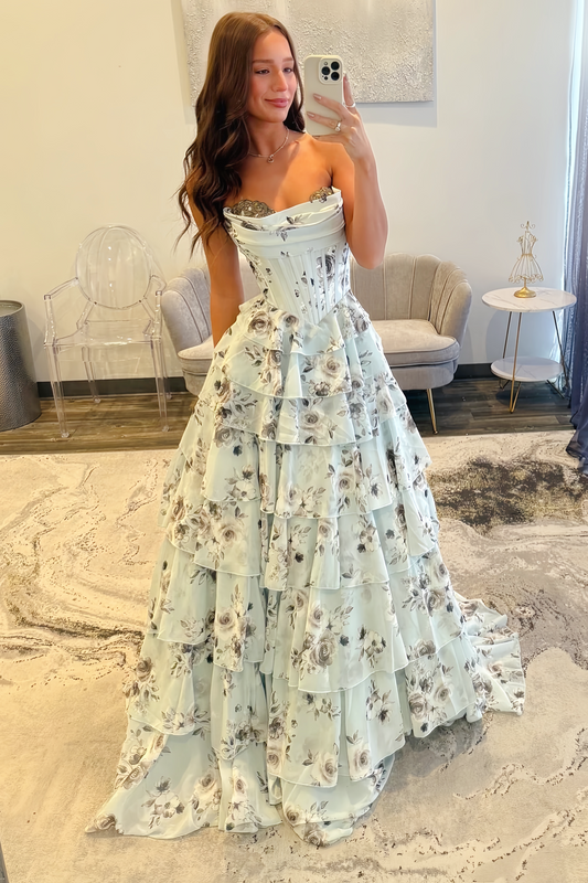 Floral Sweetheart Long Rhinestone A-line Dress