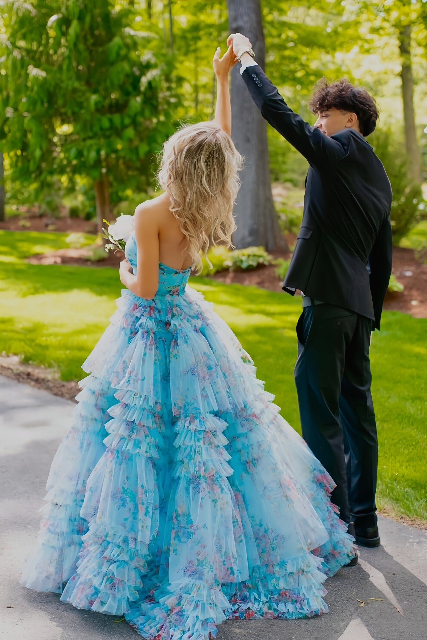Blue Floral Tulle Strapless A-line Dress