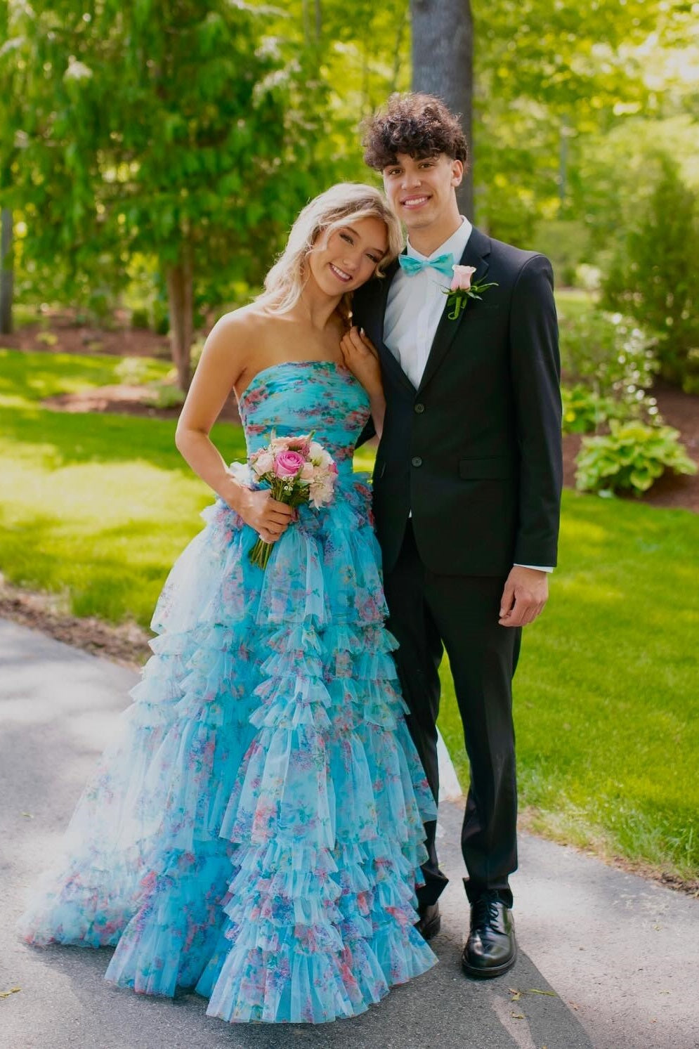 Blue Floral Tulle Strapless A-line Dress