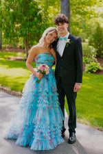 Blue Floral Tulle Strapless A-line Dress