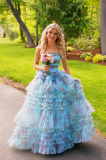 Blue Floral Tulle Strapless A-line Dress