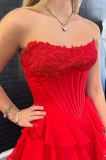 Red Strapless Long Tiered Ruffle A-line Dress