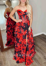 Floor-Length Floral Print A-Line Strapless Empire Prom Dresses with Ruffles